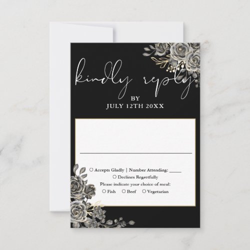 Gothic Floral Roses Black And White Wedding RSVP Card