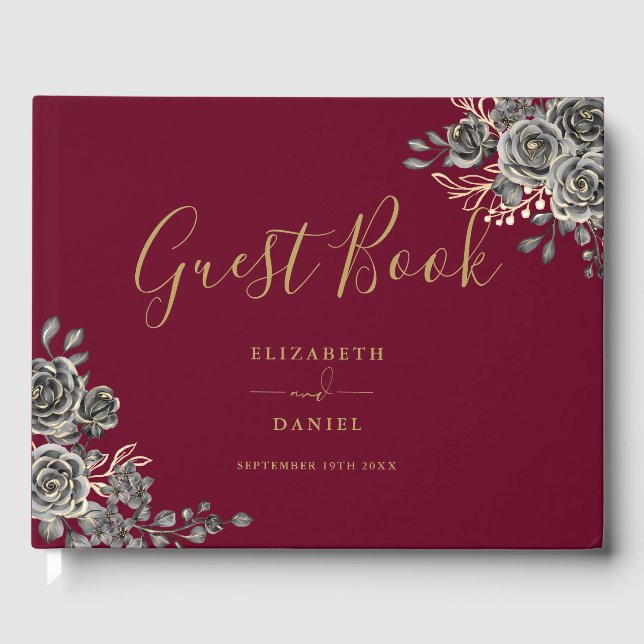 Gothic Floral Roses Burgundy Red And Gold Wedding Guest Book (Front)