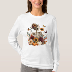 Gothic Floral Skeleton Fall Halloween T-Shirt