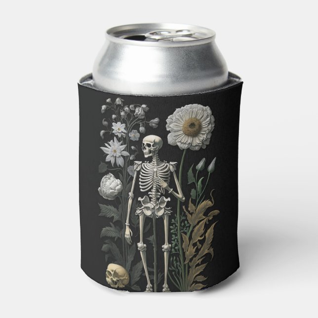 Gothic Floral Skeleton | Halloween Dark Botanical Can Cooler (Can Front)