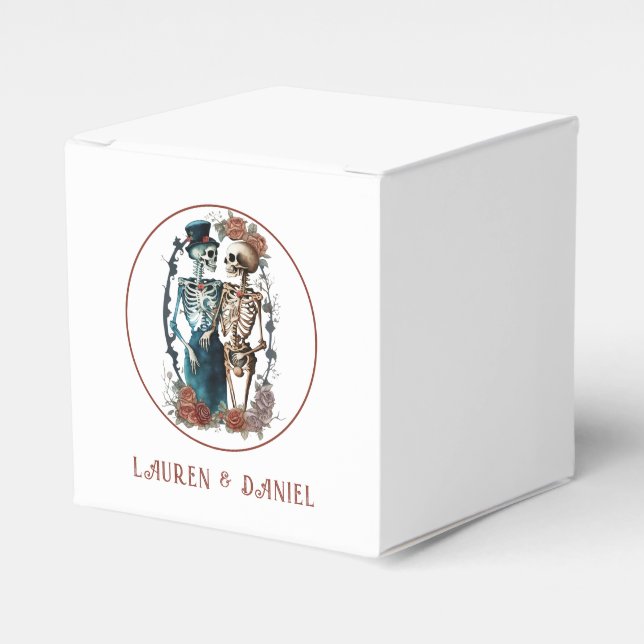 Gothic Floral Skeleton Lovers Names Wedding  Favor Boxes (Front Side)
