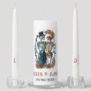 Gothic Floral Skeleton Lovers Names Wedding Unity Candle Set