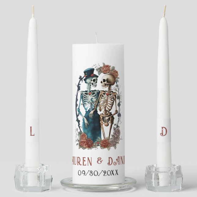 Gothic Floral Skeleton Lovers Names Wedding  Unity Candle Set (Front)