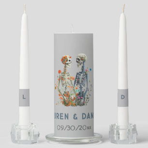 Gothic Floral Skeleton Lovers Names Wedding Unity Candle Set