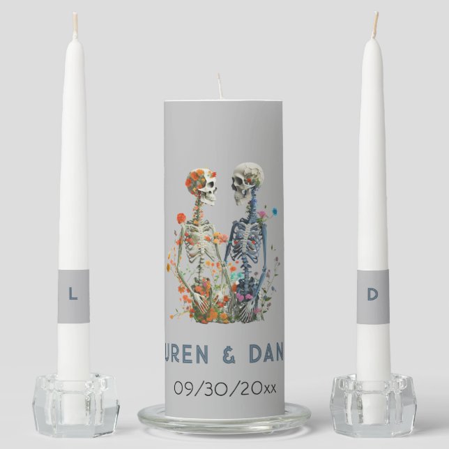 Gothic Floral Skeleton Lovers Names Wedding  Unity Candle Set (Front)