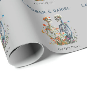 Gothic Floral Skeleton Lovers Names Wedding Wrapping Paper