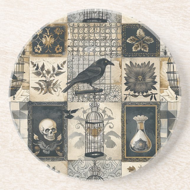 Gothic Floral Skull and Raven Pattern  Coaster (Front)