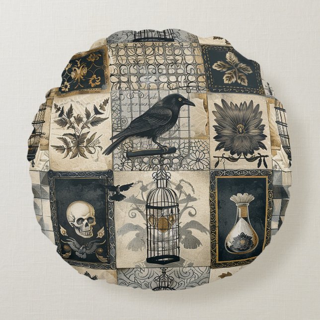 Gothic Floral Skull and Raven Pattern  Round Pillow (Front)