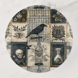 Gothic Floral Skull and Raven Pattern Trinket Tray