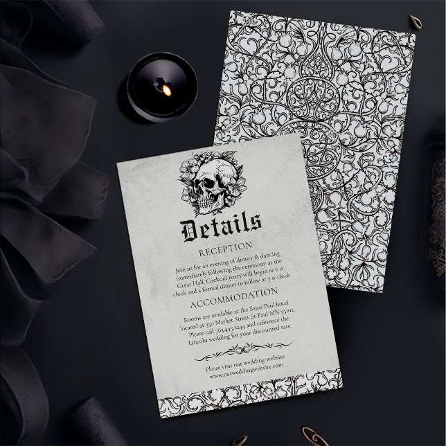 Gothic Floral Skull Black Wedding Details  Enclosure Card (Creator Uploaded)