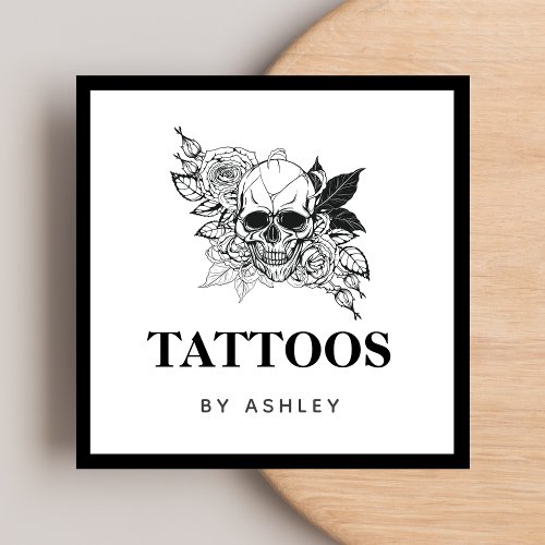 Gothic Floral Skull Black  White Tattoo Artist    Square Business Card