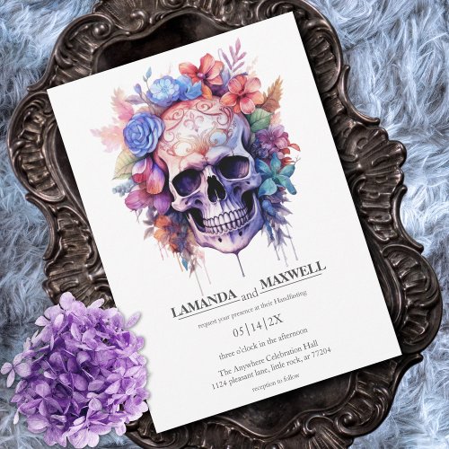Gothic Floral Skull Boho Watercolor Handfasting Invitation