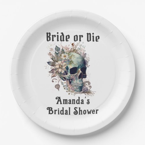 Gothic Floral Skull Bride or Die Bridal Shower Paper Plates