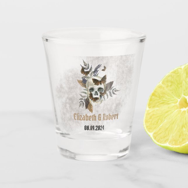 Gothic Floral Skull Butterflies Leaves Wedding  Shot Glass (Front)
