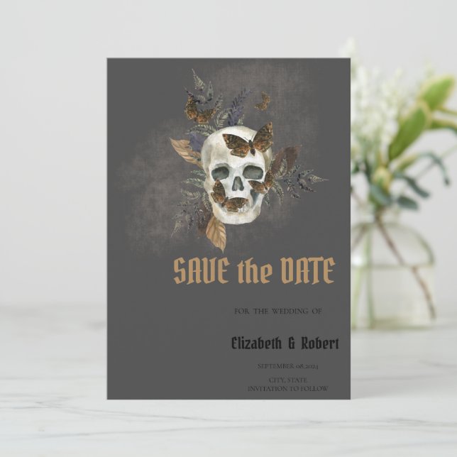 Gothic Floral Skull Butterflies Save The Date (Standing Front)