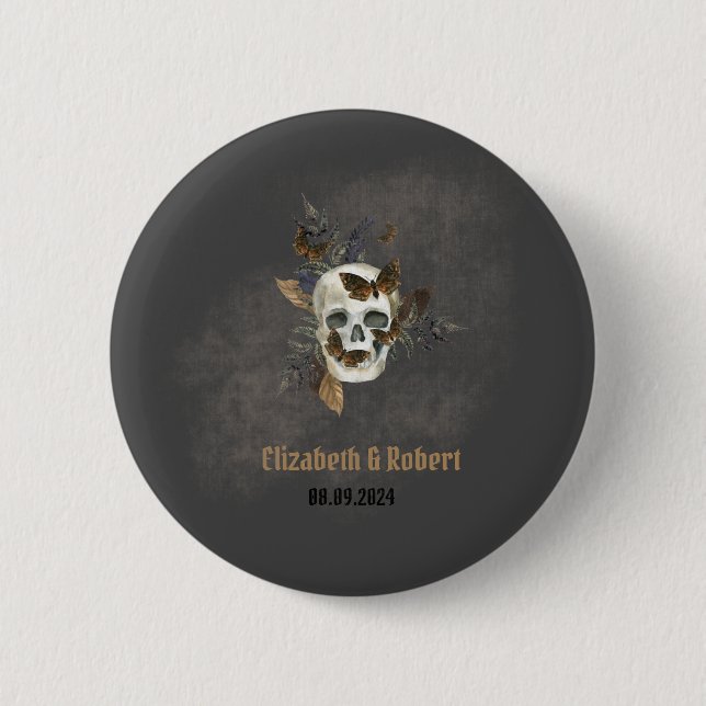 Gothic Floral Skull Butterflies Wedding  Button (Front)