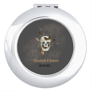 Gothic Floral Skull Butterflies Wedding Compact Mirror