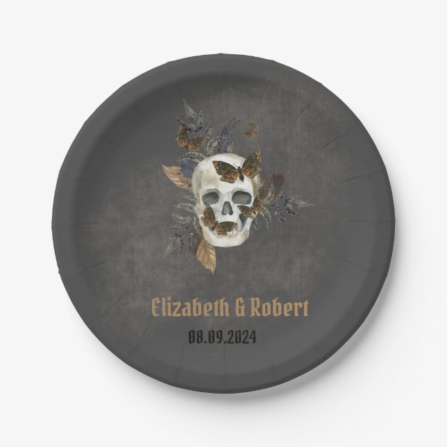 Gothic Floral Skull Butterflies Wedding  Paper Plates (Front)