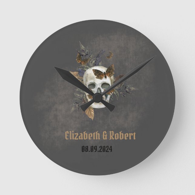 Gothic Floral Skull Butterflies Wedding  Round Clock (Front)