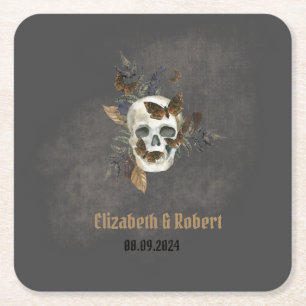 Gothic Floral Skull Butterflies Wedding Square Paper Coaster