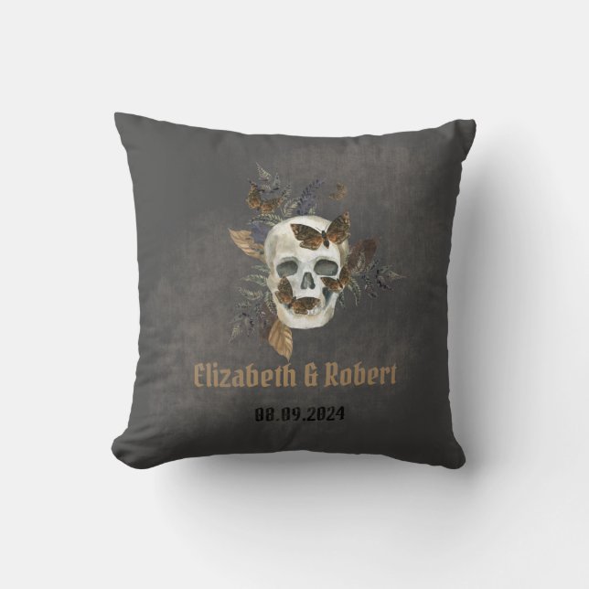 Gothic Floral Skull Butterflies Wedding  Throw Pillow (Front)
