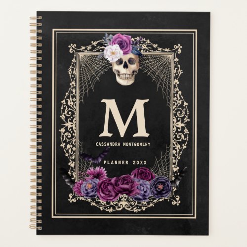 Gothic Floral Skull Custom Monogram  Name Black Planner