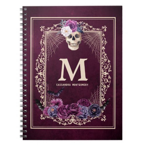Gothic Floral Skull Custom Monogram Name Burgundy Notebook