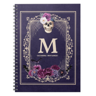 Gothic Floral Skull Custom Monogram & Name Navy Notebook