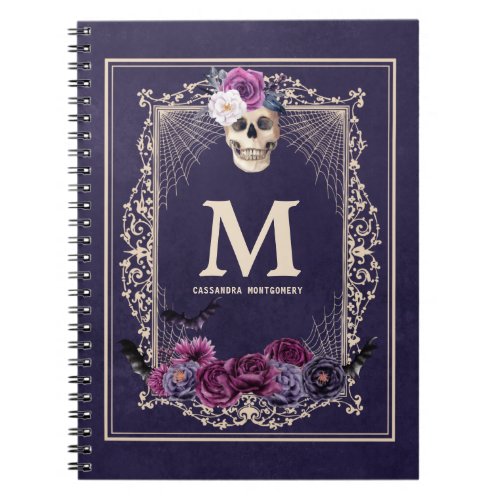 Gothic Floral Skull Custom Monogram  Name Navy Notebook