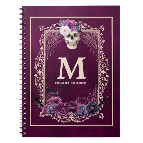 Gothic Floral Skull Custom Monogram  Name Purple Notebook