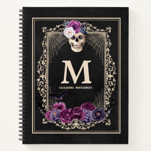 Gothic Floral Skull Custom Monogram  Name Sketch Notebook