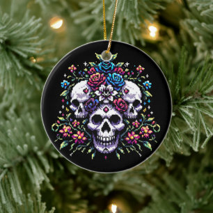 Gothic Floral Skull: Elegance in Art Ceramic Ornament