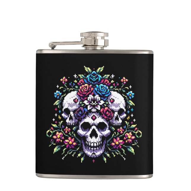 Gothic Floral Skull: Elegance in Art Flask (Front)