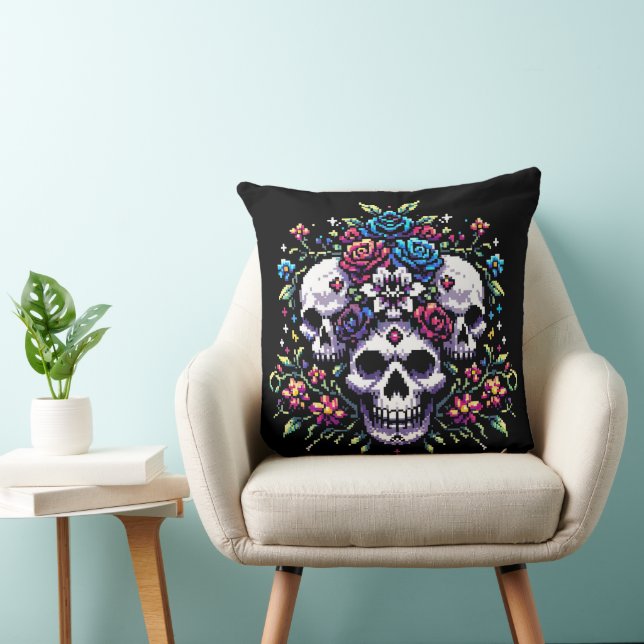 Gothic Floral Skull: Elegance in Art Throw Pillow (Chair)
