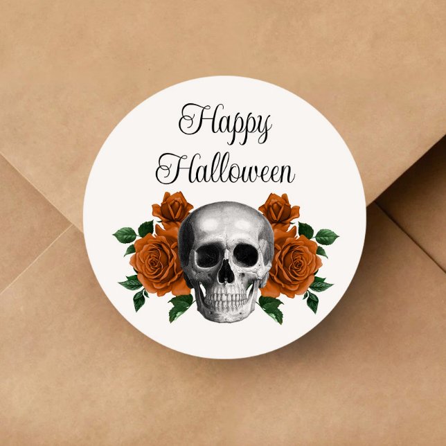 Gothic Floral Skull Halloween Classic Round Sticker (Gothic Floral Skull Halloween Classic Round Sticker)