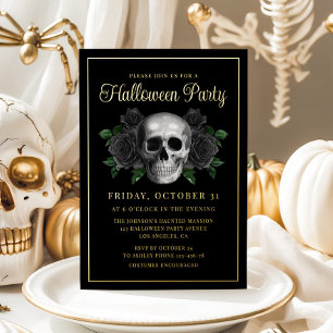 Gothic Floral Skull Halloween Gold Foil Invitation