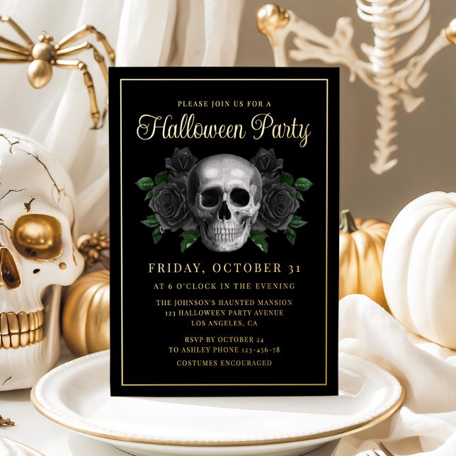 Gothic Floral Skull Halloween Gold Foil Invitation (Gothic Floral Skull Halloween Gold Foil Invitation)