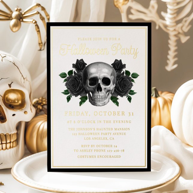 Gothic Floral Skull Halloween Gold Foil Invitation (Gothic Floral Skull Halloween Gold Foil Invitation)