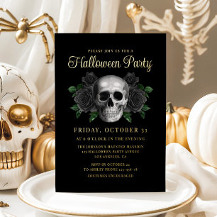 Gothic Floral Skull Halloween Gold Foil Invitation