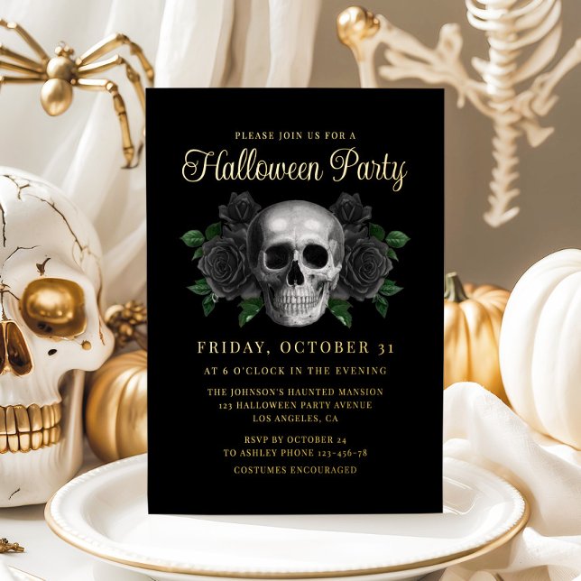 Gothic Floral Skull Halloween Gold Foil Invitation (Gothic Floral Skull Halloween Gold Foil Invitation)