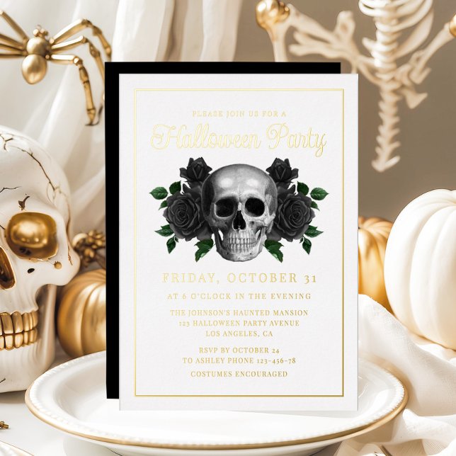 Gothic Floral Skull Halloween Gold Foil Invitation (Gothic Floral Skull Halloween Gold Foil Invitation)