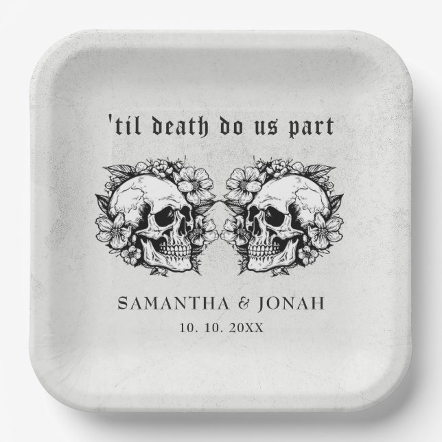 Gothic Floral Skull Halloween Wedding Paper Plates (Front)