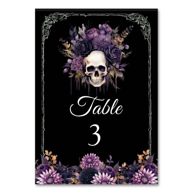 Gothic Floral Skull Halloween Wedding Table Number (Front)