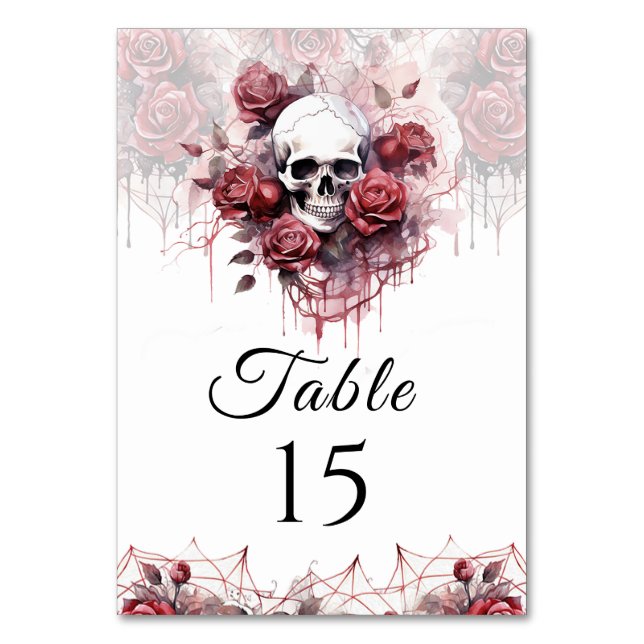 Gothic Floral Skull Halloween Wedding Table Number (Front)
