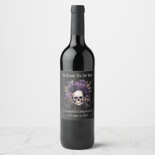 Gothic Floral Skull Halloween Wedding Wine Label