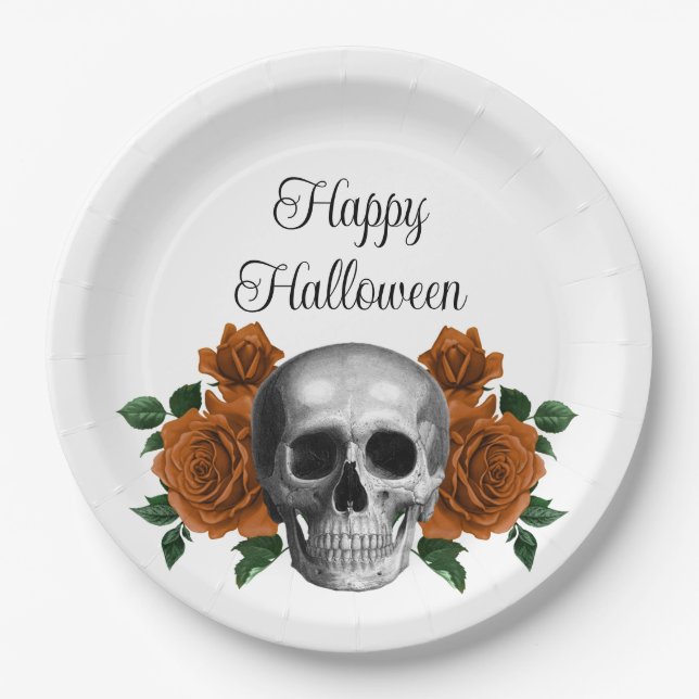 Gothic Floral Skull Happy Halloween Paper Plates (Front)