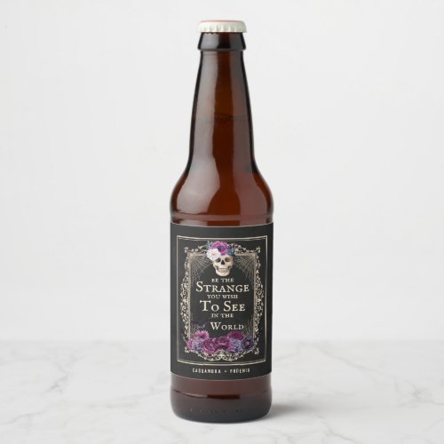Gothic Floral Skull Personalize Name Halloween  Beer Bottle Label