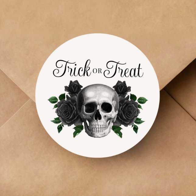 Gothic Floral Skull Trick Or Treat Halloween Classic Round Sticker (Gothic Floral Skull Trick Or Treat Halloween Classic Round Sticker)