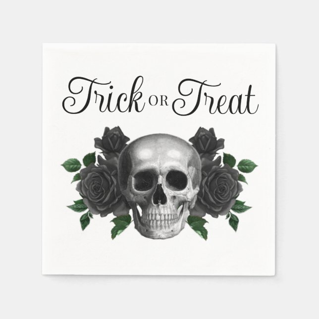 Gothic Floral Skull Trick Or Treat Halloween Napkins (Front)