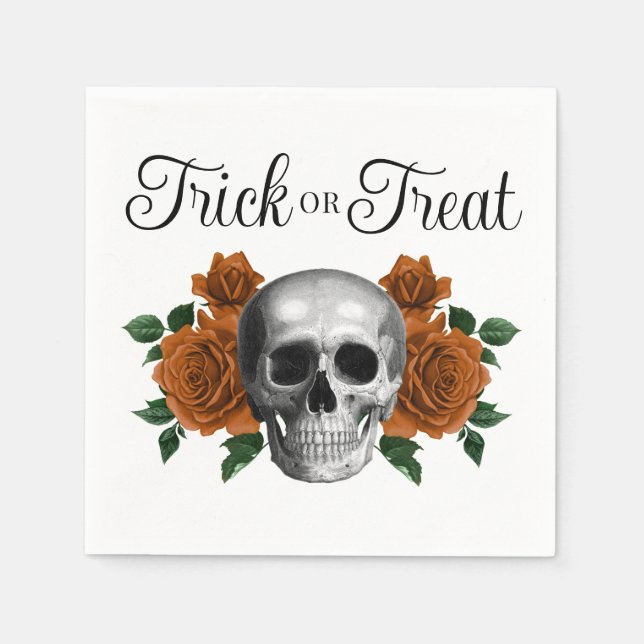Gothic Floral Skull Trick Or Treat Halloween Napkins (Front)